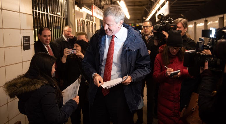 Mayor Bill de Blasio rides the R Subway train to City Hall from Park Slope to inform riders of of new plan to fund the MTA on Wednesday, February 27, 2019. Mayor Bill de Blasio Subway