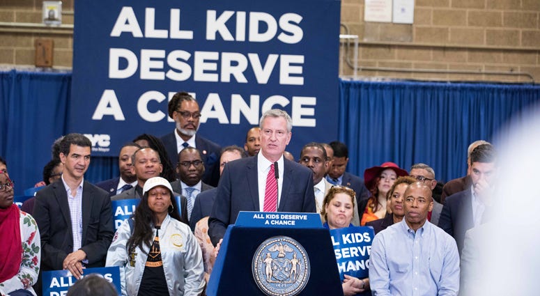 Mayor Bill de Blasio makes an education announcement regarding specialized high school at J.H.S. 292 in Brooklyn, New York on Sunday, June 03, 2018. Mayor Bill de Blasio schools announcement