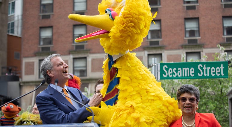 Mayor de Blasio delivers remarks at the street renaming ceremony in honor of the 50th anniversary of Sesame Street at 63rd Street and Broadway in Manhattan, New York Wednesday May 1, 2019. Paige Polk/Mayoral Photography Office Mayor de Blasio Sesame Street
