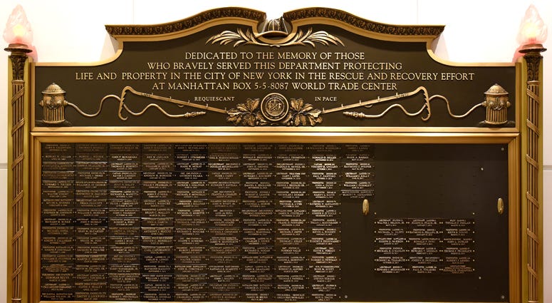 World Trade Center Memorial Wall at FDNY Headquarters in Brooklyn. FDNY 9/11 Memorial Wall