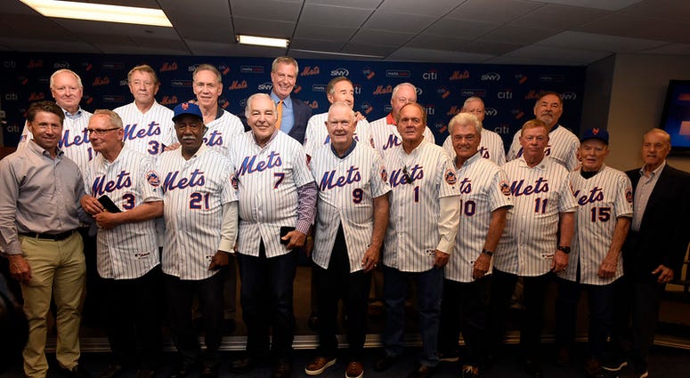 Mayor Bill de Blasio delivers remarks at a ceremony where he gives keys to the City to members of the 1969 World Series Mets Champions. Citi Field, Queens. Saturday, June 29, 2019. 1969 Mets Weekend Celebration