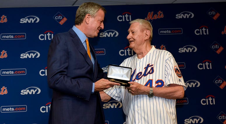 Mayor Bill de Blasio delivers remarks at a ceremony where he gives keys to the City to members of the 1969 World Series Mets Champions. Citi Field, Queens. Saturday, June 29, 2019. 1969 Mets Weekend Celebration