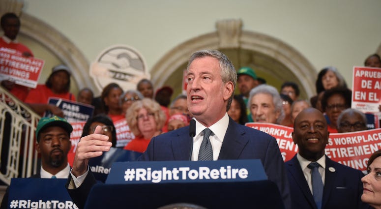 Mayor Bill de Blasio delivers remarks at a rally for retirement security in the Rotunda at City Hall on Monday, September 23, 2019. Right to Retire