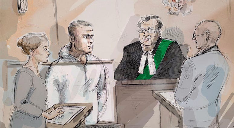 In this courtroom sketch, Duty counsel Georgia Koulis, from left, Alek Minassian, Justice of the Peace Stephen Waisberg and Crown prosecutor Joe Callaghan appear in court in Toronto on Tuesday, April 24, 2018. Alek Minassian court sketch