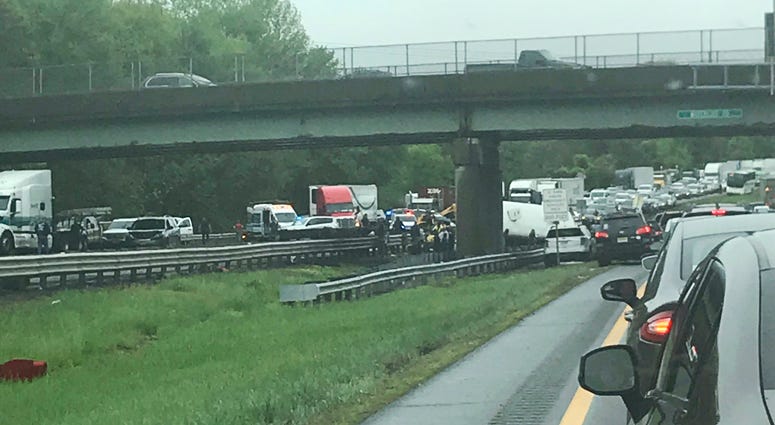 Emergency personnel respond to a crash after a school bus and dump truck collided in Mount Olive, N.J., Thursday, May 17, 2018. Deadly New Jersey School Bus Crash
