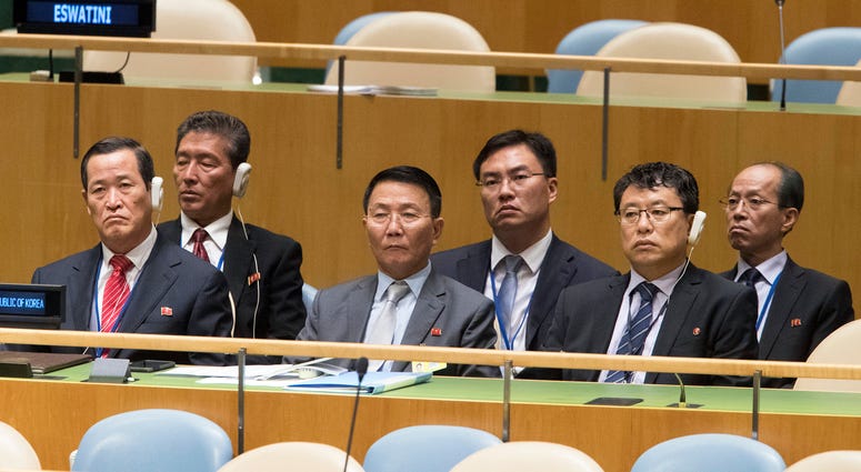 Members of the North Korean delegation listen as North Korean Foreign Minister Ri Yong Ho addresses the 73rd session of the United Nations General Assembly North Korean delegation