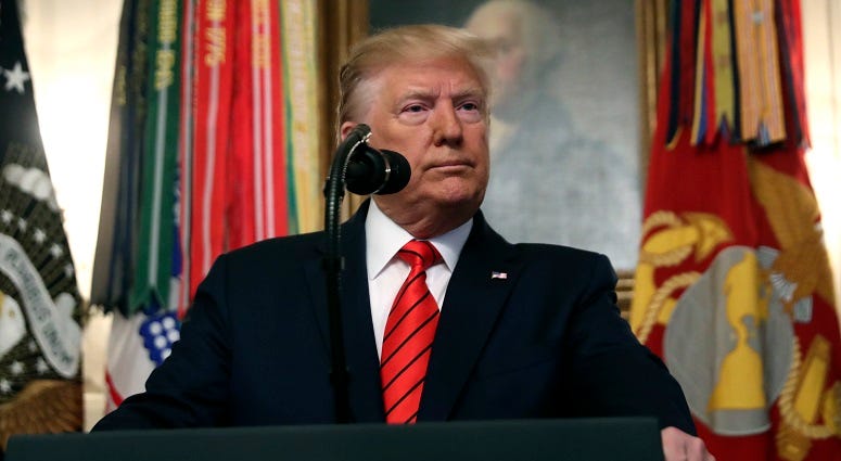 President Donald Trump speaks in the Diplomatic Room of the White House in Washington, Sunday, Oct. 27, 2019. President Donald Trump