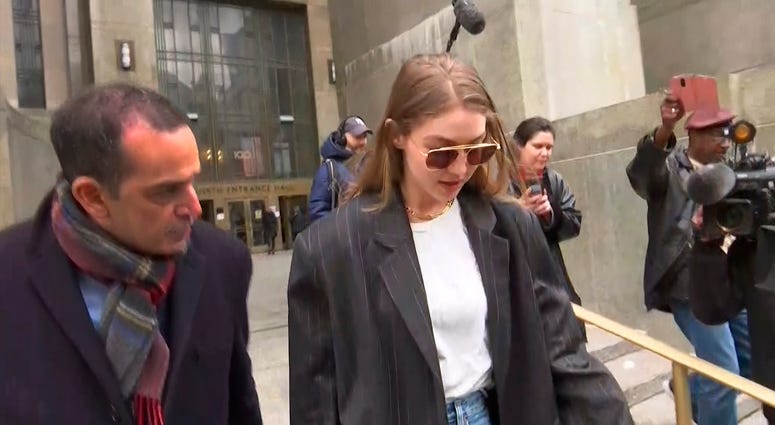 In this photo taken from video, super model Gigi Hadid walks out of a Manhattan court, Monday, Jan. 13, 2020, in New York. Gigi Hadi - AP