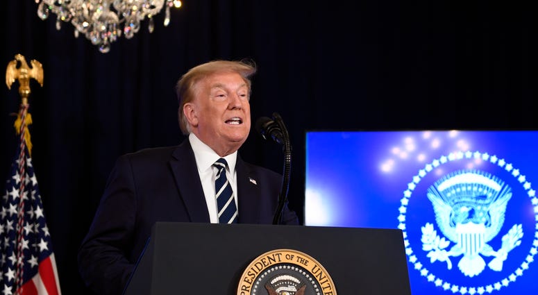 President Donald Trump speaks at Trump National Golf Club Bedminster in Bedminster, N.J., Friday, Aug. 7, 2020. Trump NJ