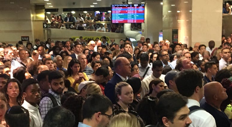 A crowd of people await news as NJ Transit suspends all service on the Northeast Corridor line on July 1, 2019. NJ Transit Crowd