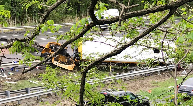 Scene of a school bus crash on I-80 ion Mount Olive, New Jersey on May 17, 2018. New Jersey School Bus Crash