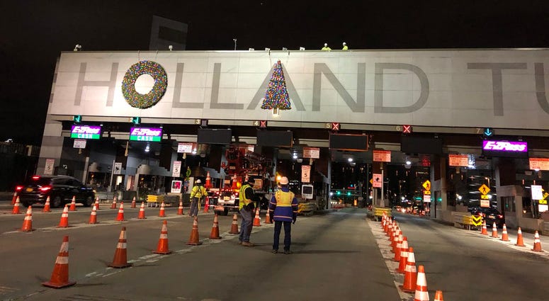 The Holland Tunnel decorations on Tuesday morning. Holland tunnel decoration wreaths