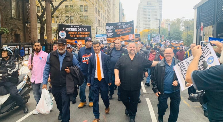 Hundreds of transit workers rallied outside MTA headquarters Wednesday, Oct. 30, 2019. TWU RALLY