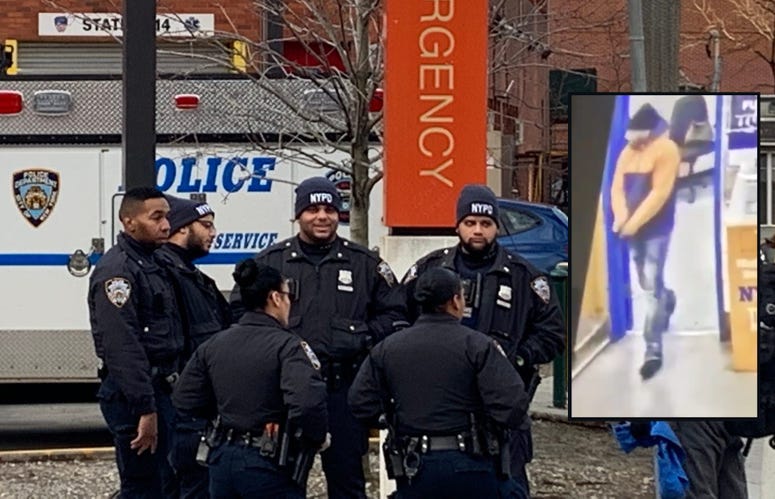 Officers outside Lincoln Hospital on Sunday. An inset shows the suspect. NYPD officers shot