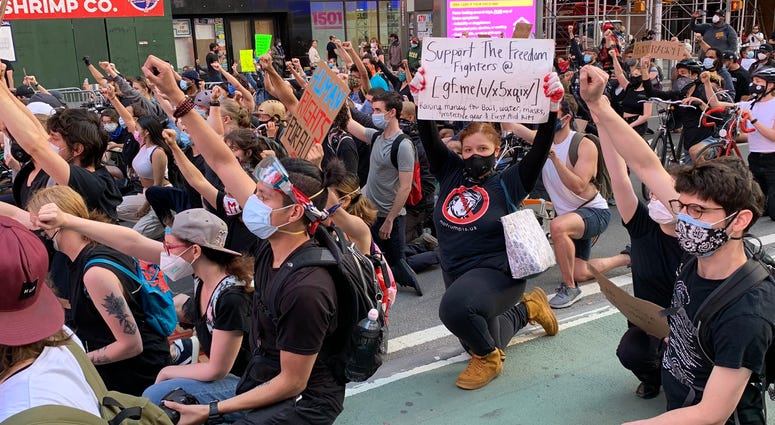 A protest in Times Square. Times Square protest