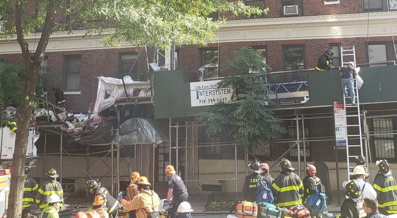 The scene of a scaffolding collapse that injured four people and left one person dead on July 16, 2020 Scaffolding Collapse In Midtown