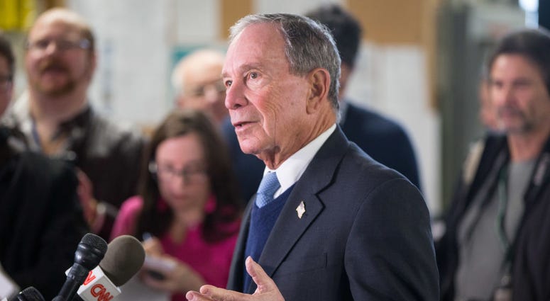Former New York City Mayor Michael Bloomberg speaks with the media after touring the W.H. Bagshaw Company during an exploratory trip on January 29, 2019 in Nashua, New Hampshire. Michael Bloomberg