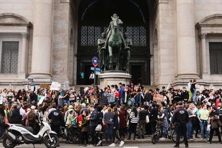 Students gather in front of the Museum of Natural History to protest the lack of action on global warming and other climate related issues on March 15, 2019 in New York City. Museum of Natural History Roosevelt