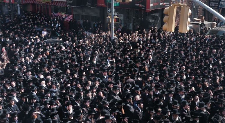Thousands of mourners gather in Borough Park for the funeral of The Skulener Rebbe, Rabbi Yisroel Avrohom Portugal who died on Monday on April 02, 2019 in New York City. Rabbi Portugal Funeral