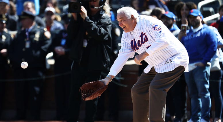 Former New York Mets player Ed Kranepool catches the first pitch from Gil Hodges Jr before the Mets Home Opening game against the Washington Nationals at Citi Field on April 04, 2019 in New York City. Ed Kranepool