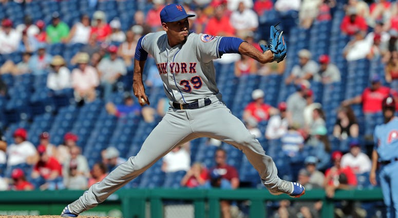 Edwin Diaz #39 of the New York Mets delivers a pitch in the ninth inning during a game against the Philadelphia Phillies at Citizens Bank Park on June 27, 2019 Edwin Diaz