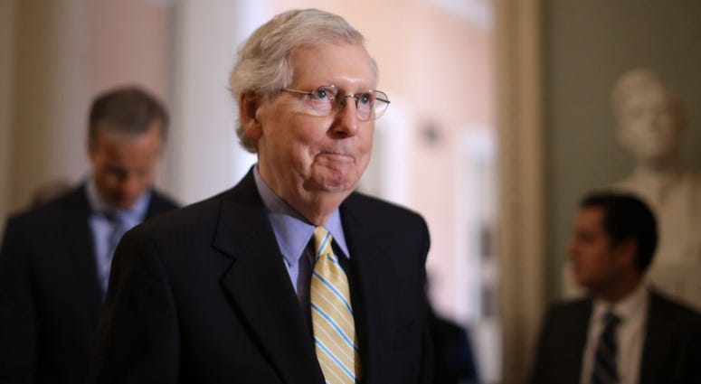 U.S. Senate Majority Leader Mitch McConnell (R-KY) talks to reporters following the weekly Senate policy luncheon at the U.S. Capitol June 11, 2019 in Washington, DC. Mitch McConnell
