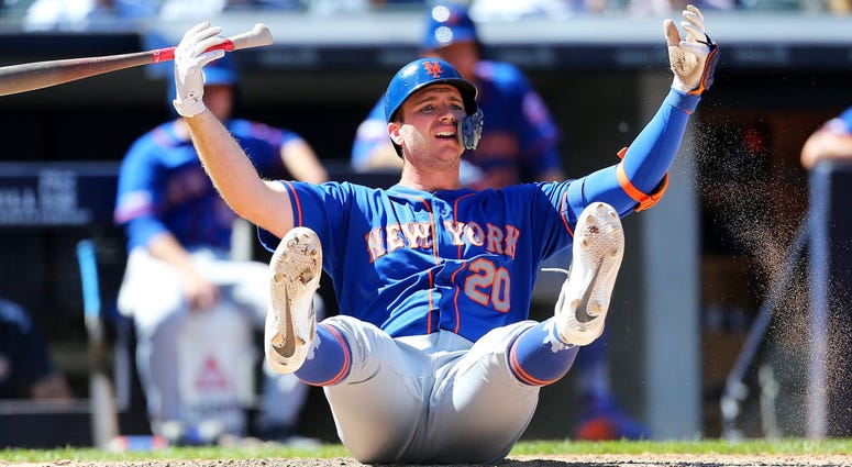 Pete Alonso #20 of the New York Mets reacts after being called out on strikes in the top of the seventh inning against the New York Yankees at Yankee Stadium on June 11, 2019 in New York City. Pete Alonso #20 of the New York Mets