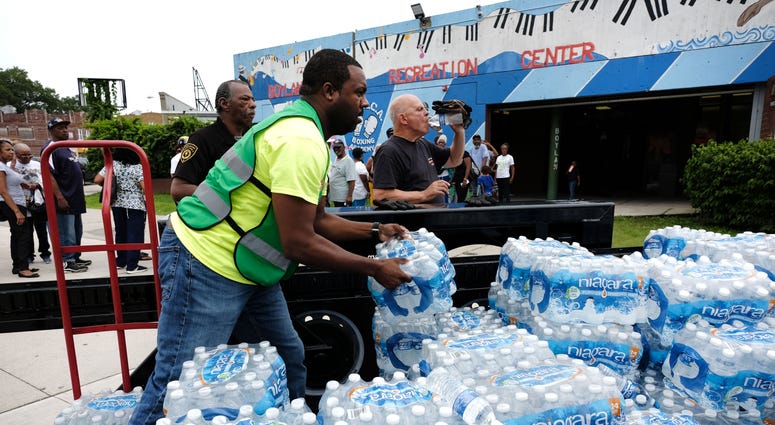 A pallet of bottled water is delivered to a recreation center on August 13, 2019 in Newark, New Jersey. Newark water problem