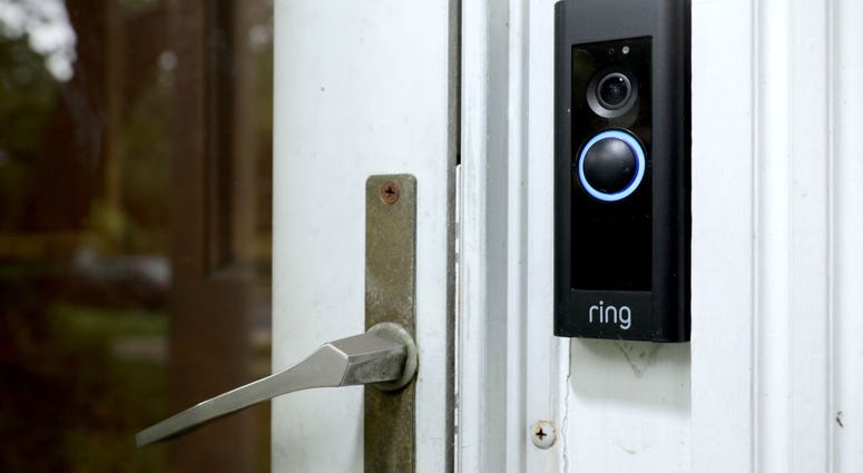A doorbell device with a built-in camera made by home security company Ring is seen on August 28, 2019 in Silver Spring, Maryland. Ring Doorbell