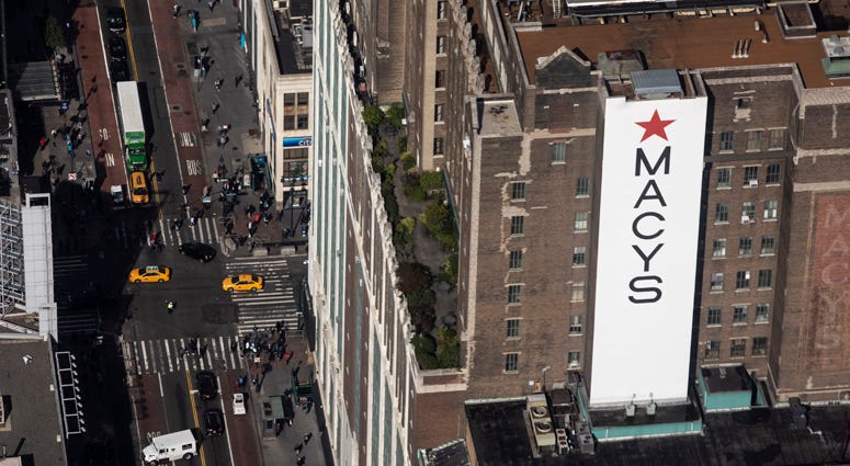 Macy's flagship store in Herald Square is seen from inside the newly renovated 102nd floor observatory of the Empire State Building on October 10, 2019. Empire State Building Observatory