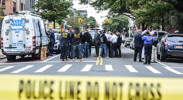 A crime scene is established in front of the Triple A Aces social club on Utica Avenue on October 12, 2019 in New York City. Brooklyn gambling club shooting