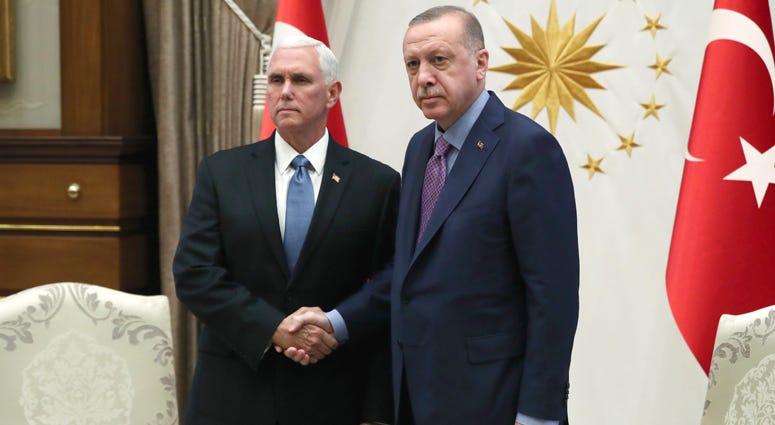 In this handout image provided by the Turkish presidency, Turkish President Recep Tayyip Erdogan receives U.S. Vice President Mike Pence at Presidential Complex in Ankara, Turkey on October 17, 2019. Vice President Mike Pence, Turkish President Recep Tayyip Erdogan