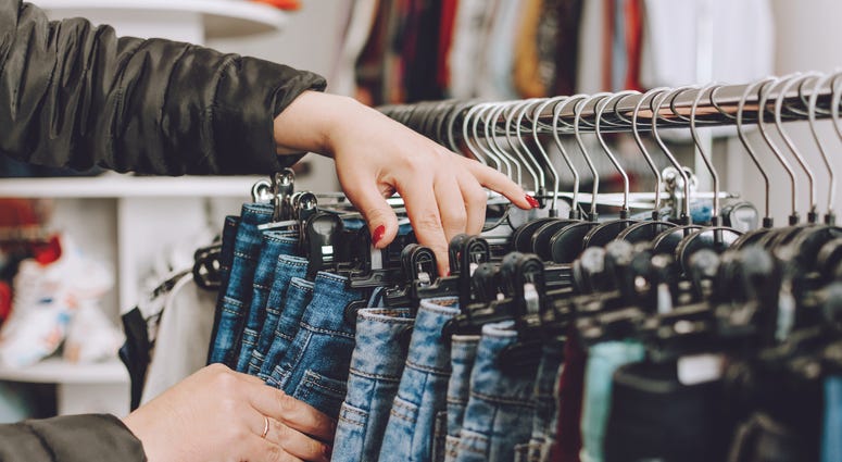Denim jeans on a rack