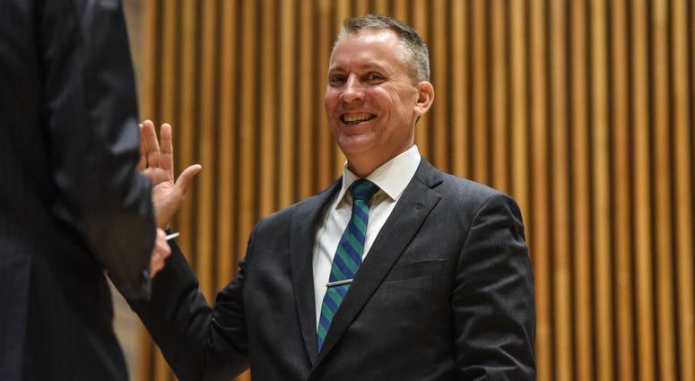 Dermot Shea is sworn in as the new NYPD Police Commissioner by New York Mayor Bill de Blasio on December 2, 2019 in New York City. Dermot Shea
