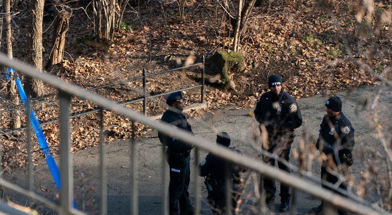 NYPD officers patrol the entrance of Morningside Park on December 12, 2019 in New York City. Barnard Stabbing Scene