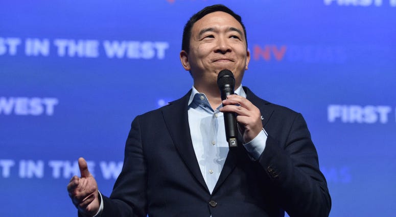 Democratic presidential candidate Andrew Yang speaks during the Nevada Democrats' "First in the West" event at Bellagio Resort & Casino on November 17, 2019 in Las Vegas, Nevada. Andrew Yang