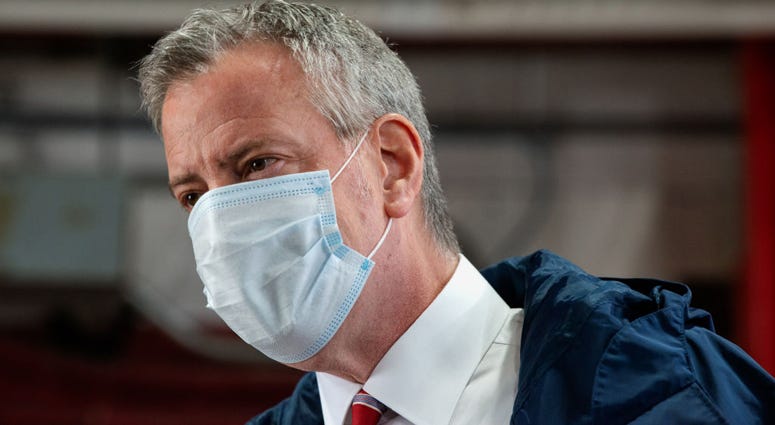 New York City Mayor Bill DeBlasio speaks to firefighters following the donation of meals on International Firefighters Day on May 4, 2020 in New York City. Mayor Bill de Blasio