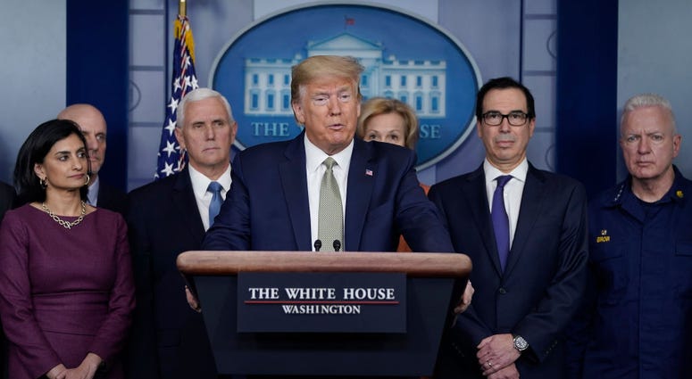 U.S. President Donald Trump, joined by members of the Coronavirus Task Force, speaks about the coronavirus in the press briefing room at the White House on March 17, 2020 in Washington, DC. Trump Coronavirus