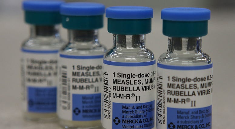 In this photo illustration, vials of measles, mumps and rubella vaccine are displayed on a counter at a Walgreens Pharmacy on January 26, 2015 in Mill Valley, California. measles, mumps and rubella vaccine