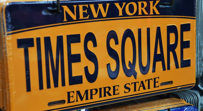 A New York license plate reading 'Times Square.' New York License Plate