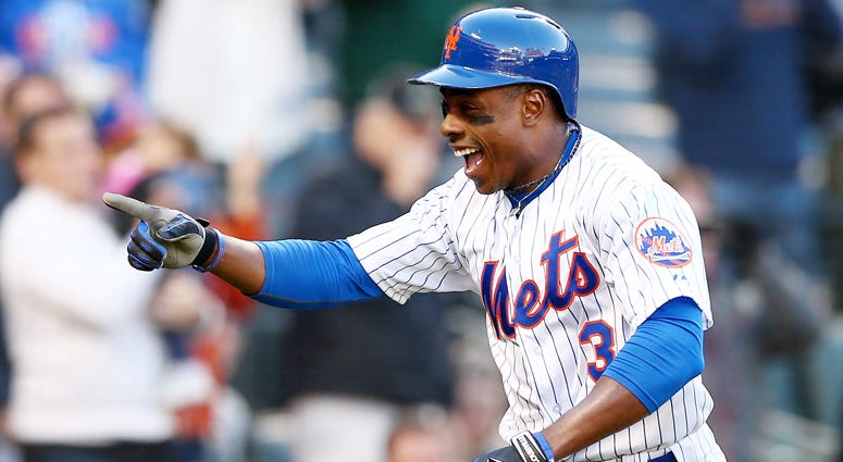 FILE — Curtis Granderson #3 of the New York Mets celebrates his solo home run in the eighth inning against the Washington Nationals on October 4, 2015 at Citi Field Curtis Granderson