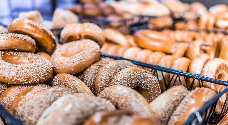 Close up of bagels in a bakery Bagel Shop