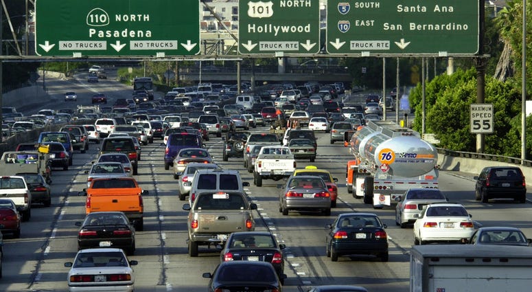 Traffic fills the 110 freeway during rush hour, May 7, 2001, in downtown Los Angeles, CA. 110 freeway