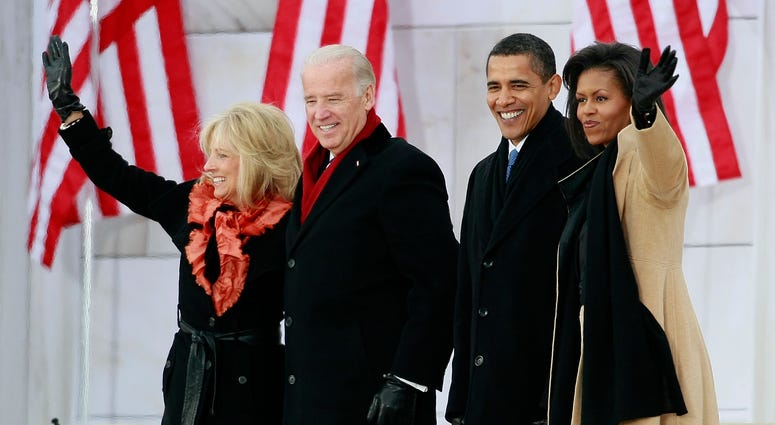 President-elect Barack Obama (2R), his wife Michelle Obama (R) and Vice President-elect Joseph Biden (2L) and his wife Jill Biden wave after arriving at "We Are One: The Obama Inaugural Celebration At The Lincoln Memorial" January 18, 2009 in Washington. President-elect Barack Obama (2R), his wife Michelle Obama (R) and Vice President-elect Joseph Biden (2L) and his wife Jill Biden wave after arriving at "We Are One: The Obama Inaugural Celebration At The Lincoln Memorial" January 18, 2009 in Washington