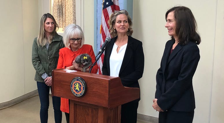 Nassau County Executive Laura Curran announces new pet ID cards for emergency situations. Laura Curran Pet ID Cards