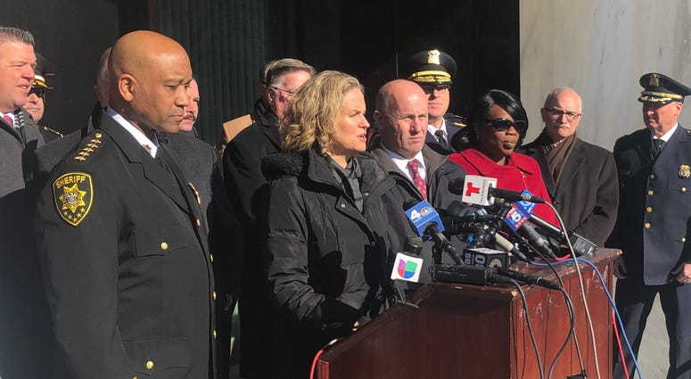 Nassau County Executive Laura Curran is joined by the "Common Sense Coalition" to suggest changes to the new bail reform law on Jan. 21, 2020. Curran - LI Lawmakers - Bail reform