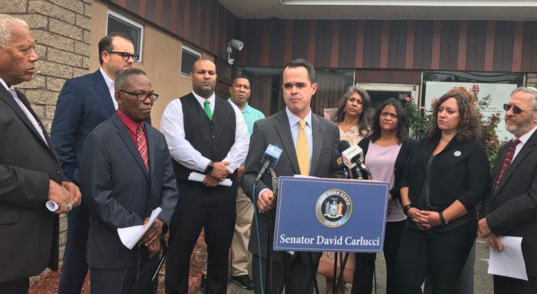 State Sen. David Carlucci and local religious leaders gather to denounce neo-Nazi flyers in Rockland County. Senator David Carlucci