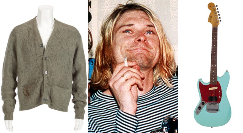 A custom made Fender guitar and olive green cardigan sweater owned by Cobain are among the rock and roll items up for auction on Oct. 25 and 26. Kurt Cobain Auction items