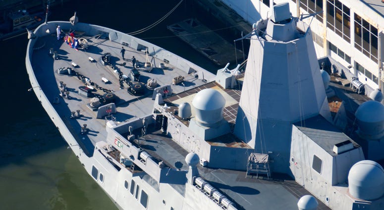 The USS Arlington joins the Intrepid Museum in the Hudson River. Fleet Week 2018