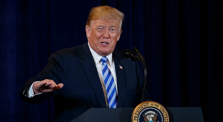 President Donald Trump speaks in Utica, N.Y., Monday, Aug. 13, 2018, at a joint fundraising committee reception. President Donald Trump
